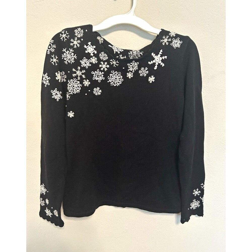 Talbots Black Snowflake Embroidered Christmas Round Neck Sweater Size Medium